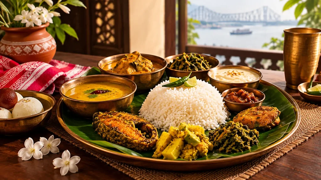 Traditional Bengali food served on a thali with rice, fish curry, dal, vegetables, chutney and sweets.